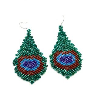 Hand Crafted Peacock Feather Chunky Earrings Green